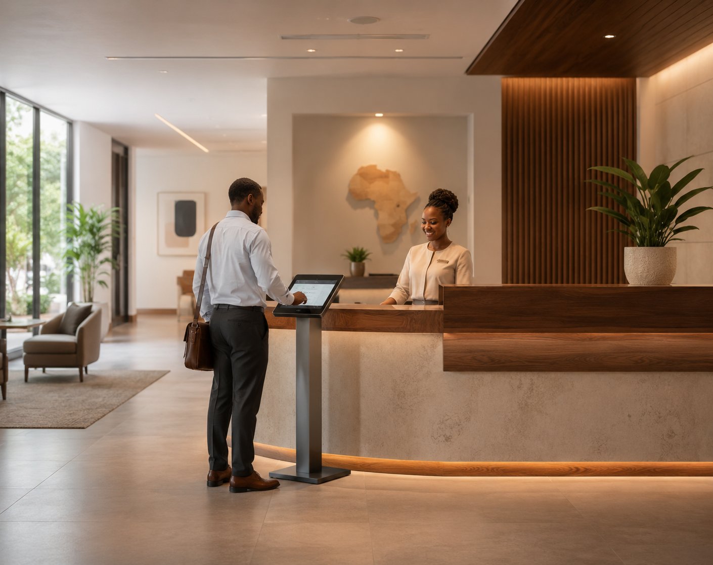 A visitor checking in at a modern reception desk